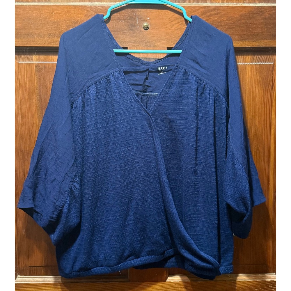 a.n.a Navy Blue Surplice Wrap V-Neck Blouse Textured Dolman Sleeve XL NEW